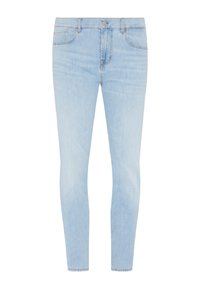 Jeans skinny blu chiaro in denim, con vita a media altezza, design a cinque tasche e leggera scoloritura con dettagli cuciti.