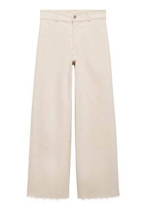 Beige wide-leg jeans with a high waist, featuring a button closure, front pockets, and frayed hem. Made of denim fabric.