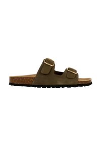 Brune sandal med to justerbare stropper og metalliske spænder, korkfodbund, struktureret gummisål og åben tå-design.