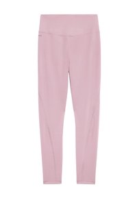 Világos rózsaszín magas derekú, teljes hosszúságú leggings, lapos varrásokkal és sima derékkal, fehér háttér előtt bemutatva.