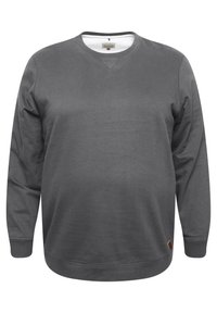 Sudadera gris de cuello redondo hecha de una tela suave, con mangas largas, un dobladillo acanalado y una pequeña etiqueta decorativa en el lado inferior izquierdo.