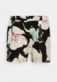 Černé květinové kraťasy s velkými růžovými a zelenými květy, s elastickým pasem a měkkou, lehkou tkaninou.