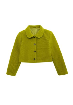 Green textured cropped jacket with a round collar, featuring five black buttons and long sleeves, made from a soft, woven material.