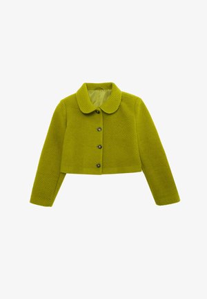 Green textured cropped jacket with a round collar, featuring five black buttons and long sleeves, made from a soft, woven material.