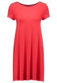 Rotes Kurzarmkleid mit rundem Ausschnitt, gefertigt aus weichem, glattem Stoff, der sanft fällt, mit lockerem Schnitt und ohne sichtbare Muster.