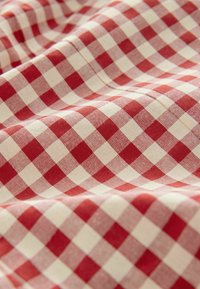 Rot-weißer karierter Stoff mit glatter Textur, der ein markantes Gingham-Muster zeigt. Die Quadrate sind gleichmäßig verteilt und gut definiert.