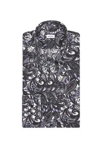 Camicia a maniche lunghe in bianco e nero con un motivo paisley e accenti viola, realizzata in tessuto morbido con colletto classico e bottoni.