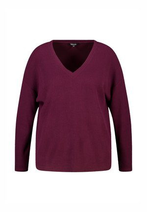 Pull à col en V bordeaux avec manches longues, texture côtelée, coupe décontractée et manches tombantes. Convient pour un style décontracté.