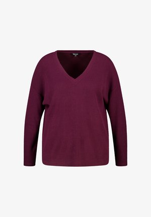 Pull à col en V bordeaux avec manches longues, texture côtelée, coupe décontractée et manches tombantes. Convient pour un style décontracté.