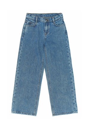 Jean en denim bleu taille haute à jambes larges avec bouton sur le devant, fermeture éclair et style cinq poches, étalé à plat sur fond blanc.