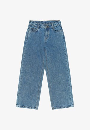Blauwe denim jeans met hoge taille, wijde pijpen, voorste knoop, rits en vijf zakken, plat gelegd op een witte achtergrond.