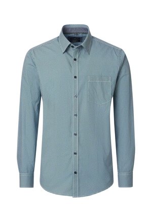 Herrenlangarmhemd mit Knopfleiste, blau-weißem kleinem geometrischem Muster und einer vorderen Brusttasche.