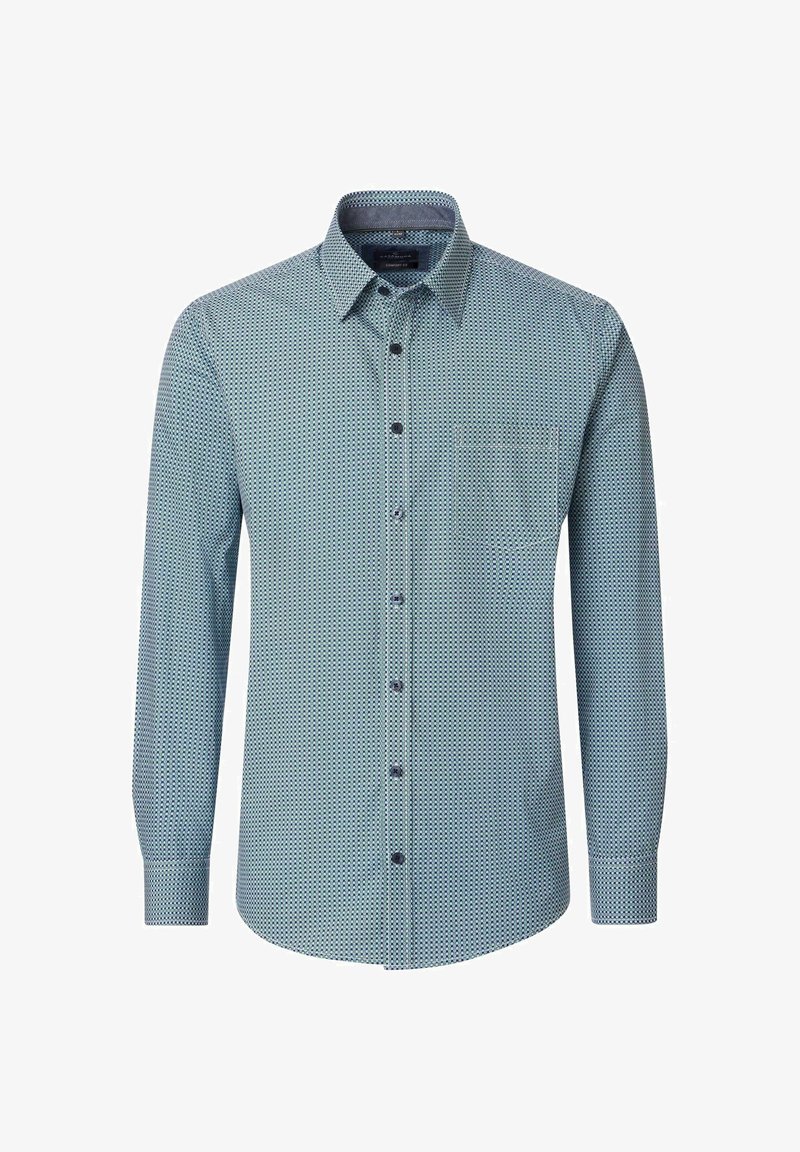 Men's long-sleeve button-up shirt with blue and white small geometric pattern and a front chest pocket.