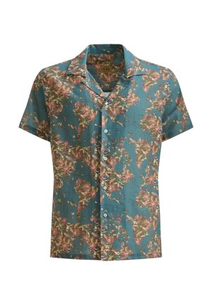 Camicia a maniche corte in tessuto leggero, con uno sfondo teal e un motivo floreale in rosa, giallo e verde; design con bottoni frontali.