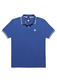 Blå pikétröja i bomull. Har en enfärgad design, tvåknapps-stängning och kontrasterande randig krage med gröna och vita detaljer.