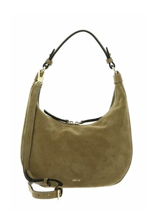 Sac à épaule en daim vert olive avec fermeture éclair dorée et sangle ajustable, avec petit logo doré « abro » sur le devant.