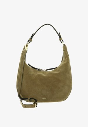 Borsa a spalla in camoscio verde oliva con zip dorata e tracolla regolabile, con piccolo logo dorato "abro" sul davanti.