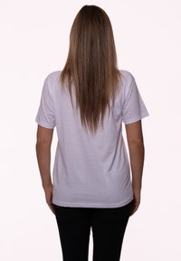 White, short-sleeve t-shirt with a relaxed fit, smooth texture, and no visible patterns or graphics. Back view shows a high neckline.