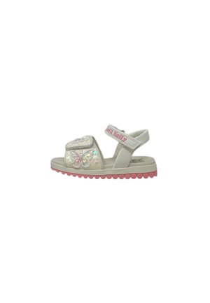 Sandalo bianco per bambini con suola rosa, decorato con motivi floreali in paillettes e cinturino rosa "Jeff Kelly".