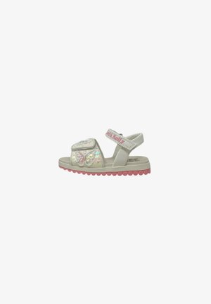 Sandalo bianco per bambini con suola rosa, decorato con motivi floreali in paillettes e cinturino rosa "Jeff Kelly".