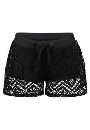 Shorts neri in pizzo con motivo geometrico, vita elastica con cordino, e un pannello solido nella parte inferiore.