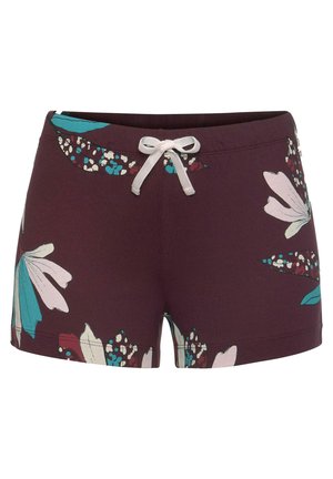 Blumige Badeshorts in dunklem Kastanienbraun mit hellrosa und türkisfarbenen Akzenten. Sie verfügen über einen elastischen Bund mit einer weißen Kordel und lebhaften Blumenmustern.