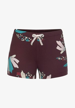 Blumige Badeshorts in dunklem Kastanienbraun mit hellrosa und türkisfarbenen Akzenten. Sie verfügen über einen elastischen Bund mit einer weißen Kordel und lebhaften Blumenmustern.
