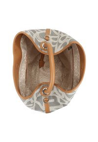 Sac en toile avec un extérieur à motifs beige et gris. Dispose de poignées en cuir marron et d'un doublure intérieure avec un design de logo répété.