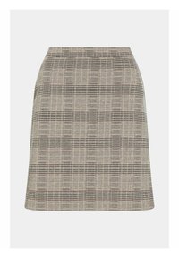 Falda de cuadros en tonos beige y gris, con un diseño estructurado, corte a media longitud y una tela de textura suave. Sin cierres visibles.