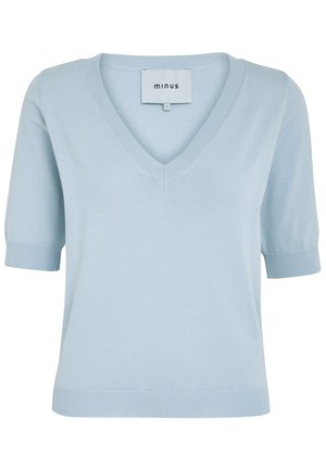 Haut tricoté bleu clair à manches courtes avec col en V et poignets et ourlet côtelés, taille petit, étiquette de marque "minus" à l'intérieur du col.