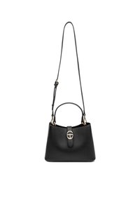 Sac à main en cuir noir avec un design structuré, doté d'une poignée supérieure et d'une bandoulière ajustable. Quincaillerie et fermoir en accent doré.