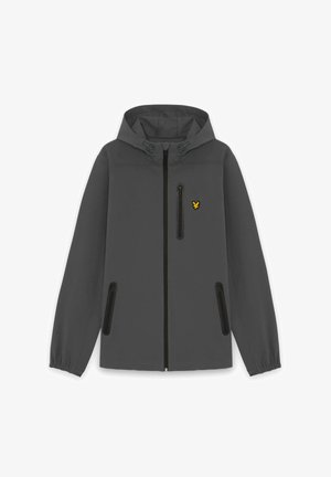 Donkergrijze capuchonjas met ritssluiting aan de voorkant, drie met rits afsluitbare zakken, elastische manchetten en een klein geel vogel-logo op de linkerborst.