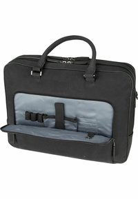 Zwarte laptoptas met een gladde buitenkant, dubbele ritsen en een grijze binnenkant met organisatietassen en elastische banden.