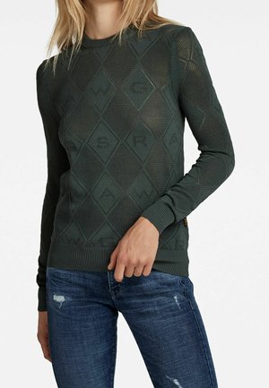 Donkergroene gebreide trui met een ruitpatroon van verweven letters, geribbelde boorden en een rechte zoom. Gecombineerd met blauwe jeans met een versleten look.