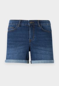 Jeansshorts i mörkblått med en lätt urtvättad yta. Har uppvikta fållar, en klassisk midjebutton och framfickor. Slät textur.