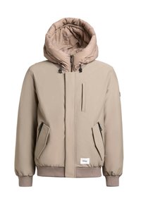 Beige szigetelt dzseki nagy kapucnival, elülső cipzárral, oldalsó cipzáras zsebekkel és bordás mandzsettákkal. Sima anyag matt felülettel.