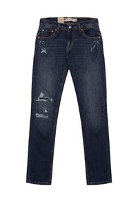 Jeans in denim blu scuro con taglio dritto, caratterizzati da toppe sdrucite e leggerezza nel colore. Design classico a cinque tasche con rivetti in rame.