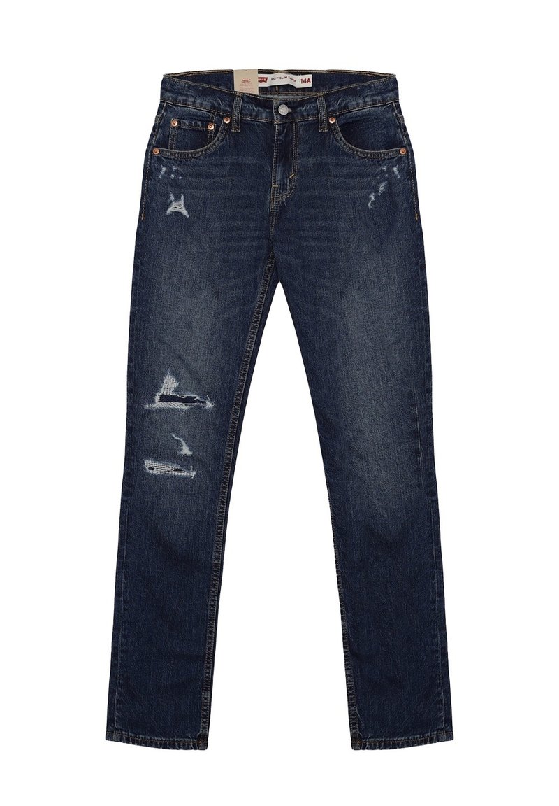 Jeans in denim blu scuro con taglio dritto, caratterizzati da toppe sdrucite e leggerezza nel colore. Design classico a cinque tasche con rivetti in rame.