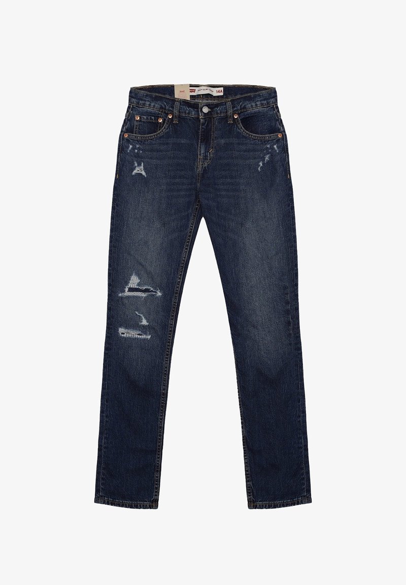 Jeans in denim blu scuro con taglio dritto, caratterizzati da toppe sdrucite e leggerezza nel colore. Design classico a cinque tasche con rivetti in rame.