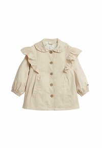 Beige jas met gerimpelde kraag, lange mouwen, knoopsluiting en zijzakken. Gemaakt van een gladde stof met subtiele textuur.