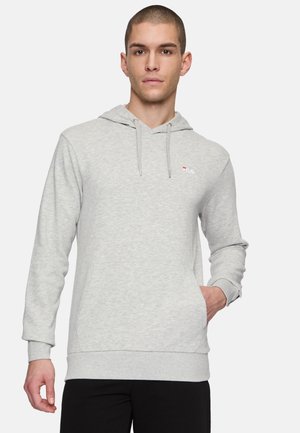 Sweatshirt capuche gris clair en tissu doux, avec une poche frontale, un cordon de serrage et un logo brodé subtil sur la poitrine.