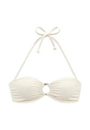 Μπλούζα μπικίνι σε εκρού χρώμα με υφή φύλλων, σχέδιο halter με κορδόνια στον λαιμό και κυκλικά μεταλλικά διακοσμητικά σε χρυσό τόνο στο κέντρο.