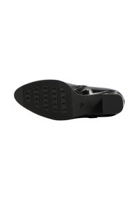 Talpa de pantof din piele neagră, cu modele circulare de prindere și mărimea marcată ca 38, expusă pe un fundal alb.