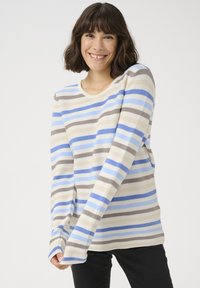 Gestreifter Langarmpullover in Beige, Hellblau und Braun. Gerippte Textur mit rundem Ausschnitt und locker sitzenden Ärmeln.