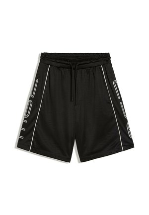 Zwarte sportshorts met elastische tailleband en trekkoord, witte biezen aan de zijkanten en wit tekstontwerp op elk been.