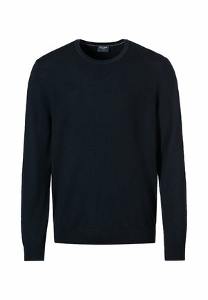 Maglione a girocollo blu navy realizzato in tessuto a maglia liscia. Presenta maniche lunghe e orli a coste per un look aderente.