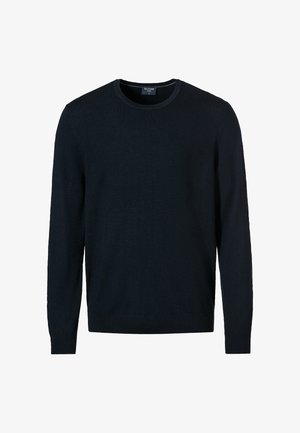 Marineblauer Rundhalspullover aus glattem Strickstoff. Mit langen Ärmeln sowie geripptem Saum und Bündchen für einen taillierten Look.