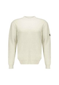 Lichtbeige geribde trui met lange mouwen, een hoge hals en een getailleerde taille. Inclusief een klein logo-op een patch op de linker mouw.