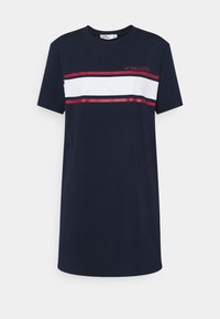 Granatowa koszulka z bawełny, z krótkimi rękawami i okrągłym dekoltem, z poziomymi białymi i czerwonymi paskami oraz logo "HOLLISTER".