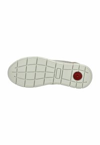 Semelle de chaussure avec une surface en caoutchouc blanc texturé, mettant en avant un accent circulaire rouge et des crampons rectangulaires pour l'adhérence. Taille marquée comme 37.
